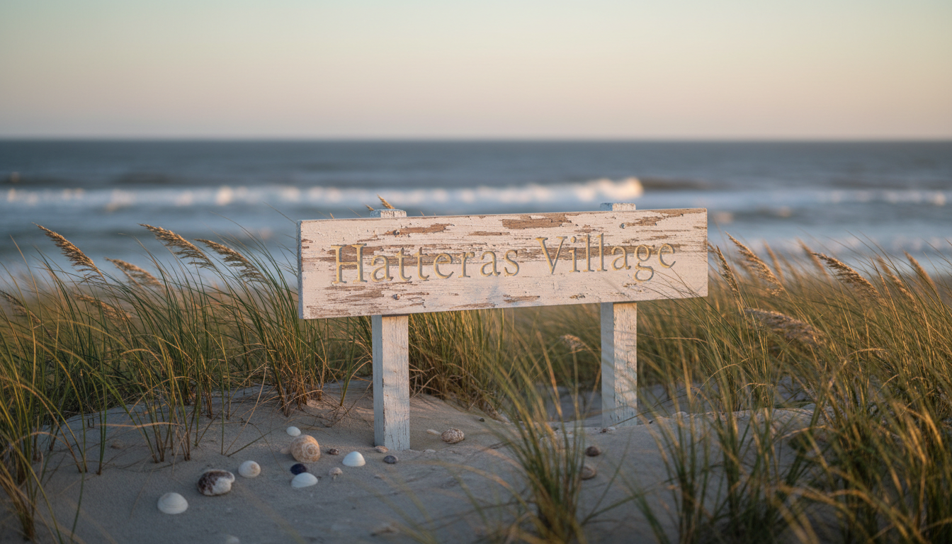 A delicately aged, whitewashed wooden sign reading 'Hatteras Village' in understated serif lettering, mounted on a sand dune blanketed with wispy dune grass and a scattering of smooth shells. The backdrop is a soft, blurred horizon of calm ocean waves under a subtle, sun-diffused sky. Gentle, natural light from late afternoon creates soft highlights on the grain of the wood and hints of shadow in the grass, lending an air of quiet prestige. Captured from a slightly elevated angle with shallow depth of field, the composition is clean and minimalist, reflecting the sophisticated, welcoming spirit of the village. The photographic style prioritizes clarity and gentle gradients, highlighting the refined coastal atmosphere.